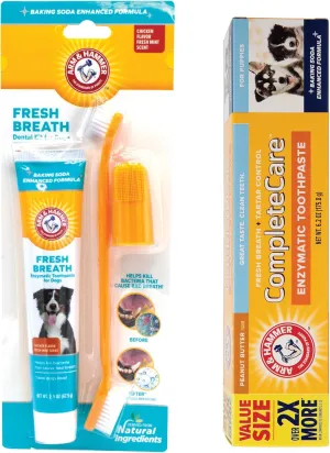 Arm & Hammer Dog Dental Care Bundle | Enzymatic Dog Toothpaste Kit with Toothbrushes (Chicken, 2.5 oz) & Baking Soda Toothpaste (Peanut Butter, 6.2 oz) for Fresh Breath and Oral Health
