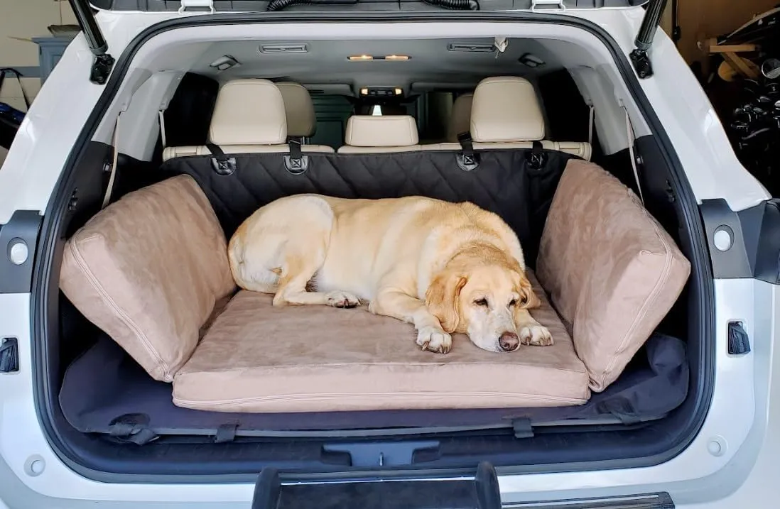 Barker Beds Orthopedic Dog SUV Bed (Large, Khaki)  Memory Foam Travel Bed for Large Dogs  Machine-Washable Cover & Headrest  Vet-Recommended for Joint Support  Made in USA