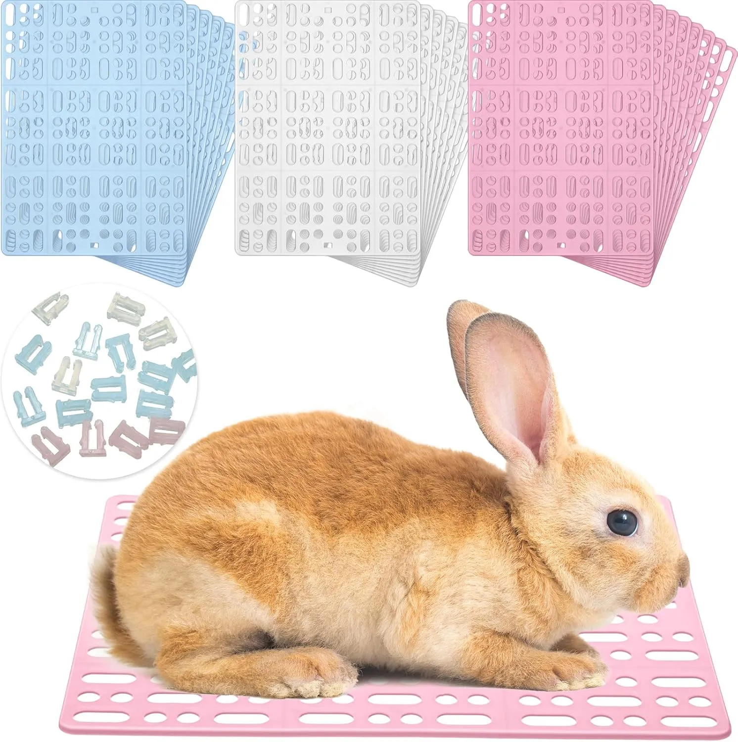 BBTO 24 Pieces Plastic Rabbit Cage Mat Durable Rabbit Feet Pad Small Animal Feet Pad Cage Resting Mat with a Convenient Connectors, Bunny Pads for Easy Cleaning for Bunny Rat Guinea Cats(Multicolor)