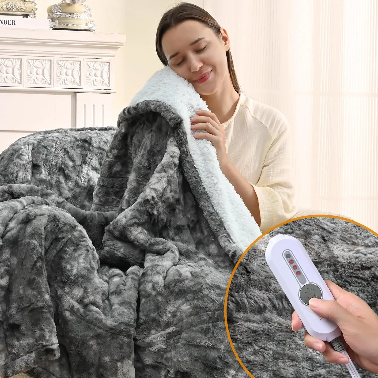 Bearhug Heated Blanket Throw Size 50" x 60" Single Controller, Faux Fur & Sherpa Electric Blanket, 4 Heating Levels & 4H Auto Off, Over-Heat Protect, ETL Certification, Machine Washable-Marble Grey