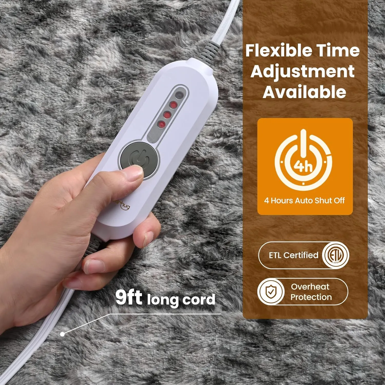 Bearhug Heated Blanket Throw Size 50" x 60" Single Controller, Faux Fur & Sherpa Electric Blanket, 4 Heating Levels & 4H Auto Off, Over-Heat Protect, ETL Certification, Machine Washable-Marble Grey