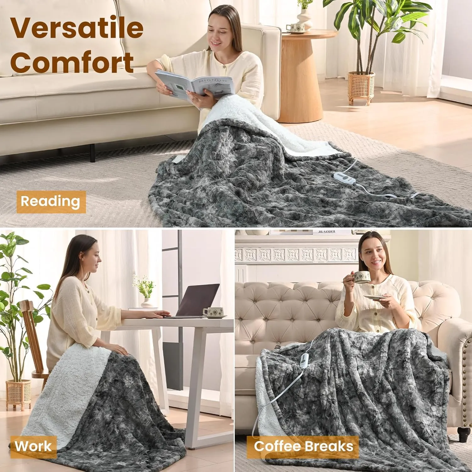 Bearhug Heated Blanket Throw Size 50" x 60" Single Controller, Faux Fur & Sherpa Electric Blanket, 4 Heating Levels & 4H Auto Off, Over-Heat Protect, ETL Certification, Machine Washable-Marble Grey
