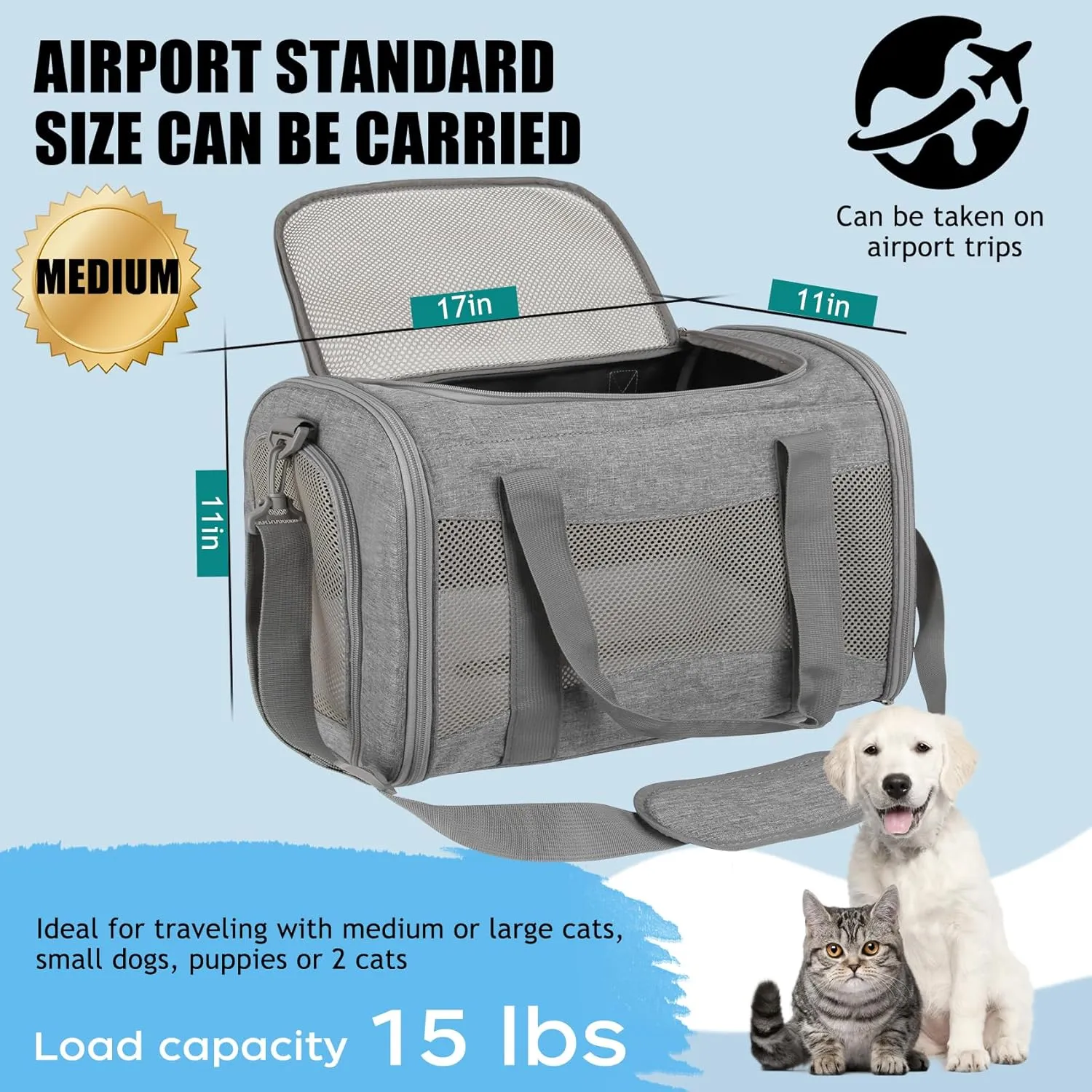 Cat carrier Cat Carrying Case Pet Dog Carrier Soft-Sided Cat Bag Airline Approved, Pet Travel Carrier Up to 15 Lbs, Collapsible Cat Carrier Dog Carrier for Medium Cats Small Cats Dogs (grey, 17*11*11)