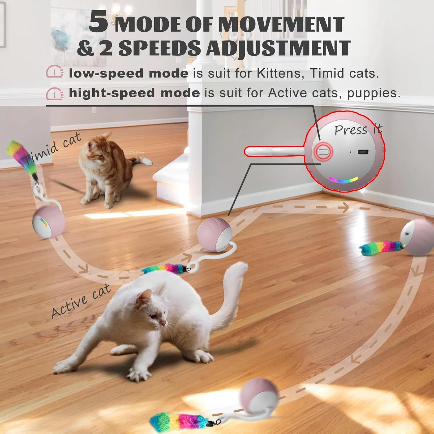 Cat Toy, Interactive Cat Toys for Indoor Cats, DIY 5 in 1 Automatic Moving Cat Ball Toys/Puppies Toys with LED Rainbow Lights, Two Speeds Smart Cat Toys,USB Rechargeable (Pink)
