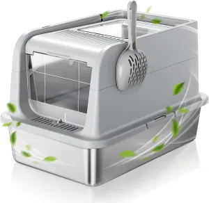 COURPAL Stainless Steel Cat Litter Box with Lid - Fully Covered Litter Box with Anti Leakage High Enclosure - XL Large Non-Stick Metal Enclosed Litter Box - Hooded Litter Pan Easy Clean Lift Cover