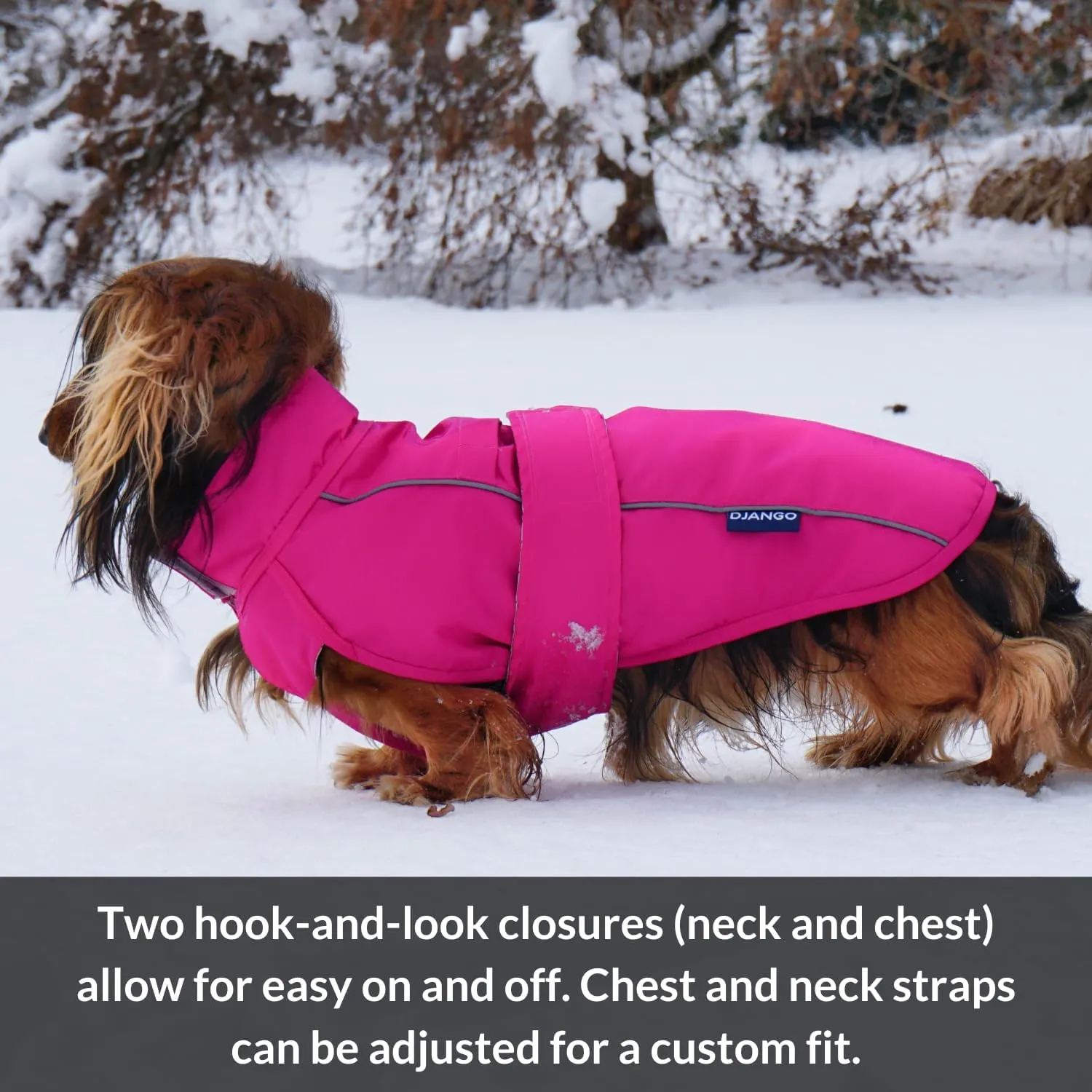 DJANGO City Slicker Waterproof Dog Raincoat and Lightweight Jacket for Long Dogs - Full Coverage Puppy Coat and Reflective Rain Slicker and Windbreaker - Adjustable with Harness Hole (Pink, Large)