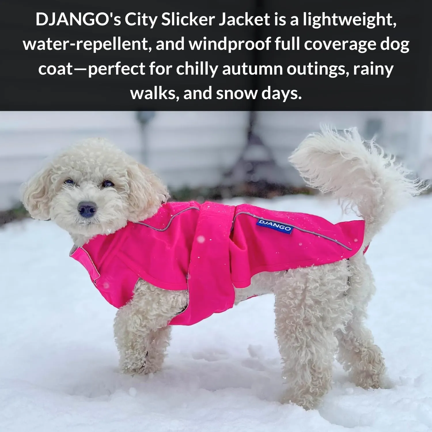 DJANGO City Slicker Waterproof Dog Raincoat and Lightweight Jacket for Long Dogs - Full Coverage Puppy Coat and Reflective Rain Slicker and Windbreaker - Adjustable with Harness Hole (Pink, Large)