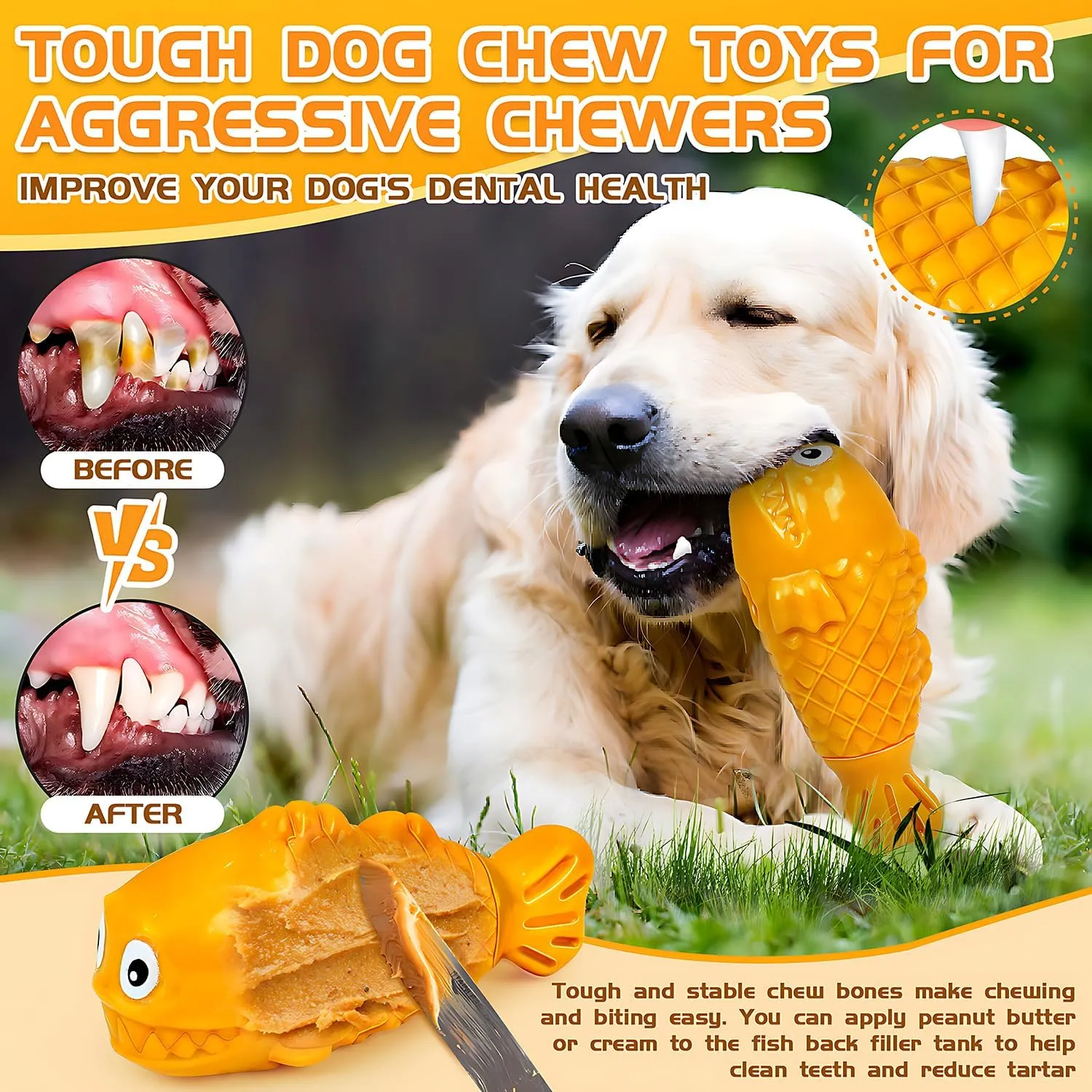 Dog Chew Toys for Aggressive Chewers, Tough Indestructible Treat Dispensing Dog Squeaky Toys for Large Medium Breed, Interactive Durable Nylon Bone Toys to Keep Them Busy(Yellow)