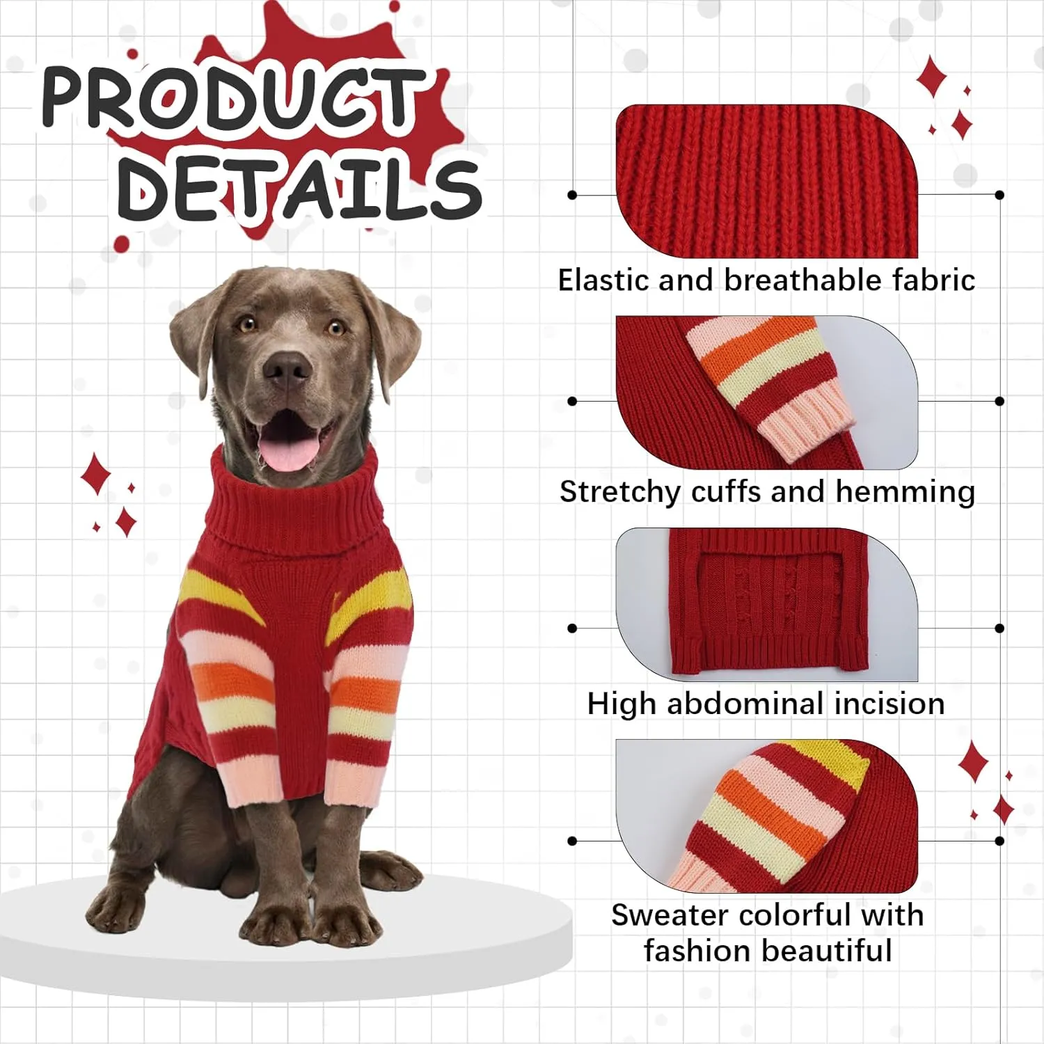 Dog Sweater Thick, Sweaters for Large Size Dogs Comfy, Stretchy Pullover Dog Sweater for Large Doggie, Christmas Dogs Sweaters Unisex, Warm Pet Knitwear Boston Terrier, Frenchie (Red L)