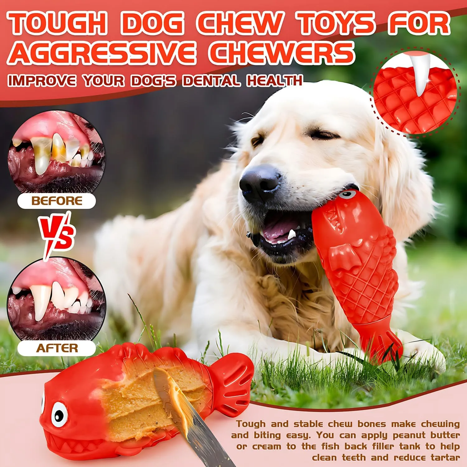 Dog Toys for Aggressive Chewers, Treat Dispensing Dog Toys, Tough Indestructible Squeaky Chew Toys for Large Medium Breed, Interactive Durable Nylon Bone Toys to Keep Them Busy(Red)
