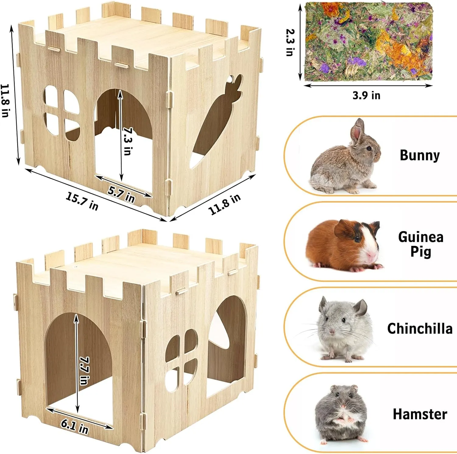 Fhiny Wooden Guinea Pig Hideout, Detachable Bunny Castle with 4 PCS Timothy Hay Chew Toys Guinea Pig Play Hideaway Cage Accessories for Indoor Rabbit Chinchilla Hedgehog Hamster Habitat