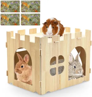 Fhiny Wooden Guinea Pig Hideout, Detachable Bunny Castle with 4 PCS Timothy Hay Chew Toys Guinea Pig Play Hideaway Cage Accessories for Indoor Rabbit Chinchilla Hedgehog Hamster Habitat
