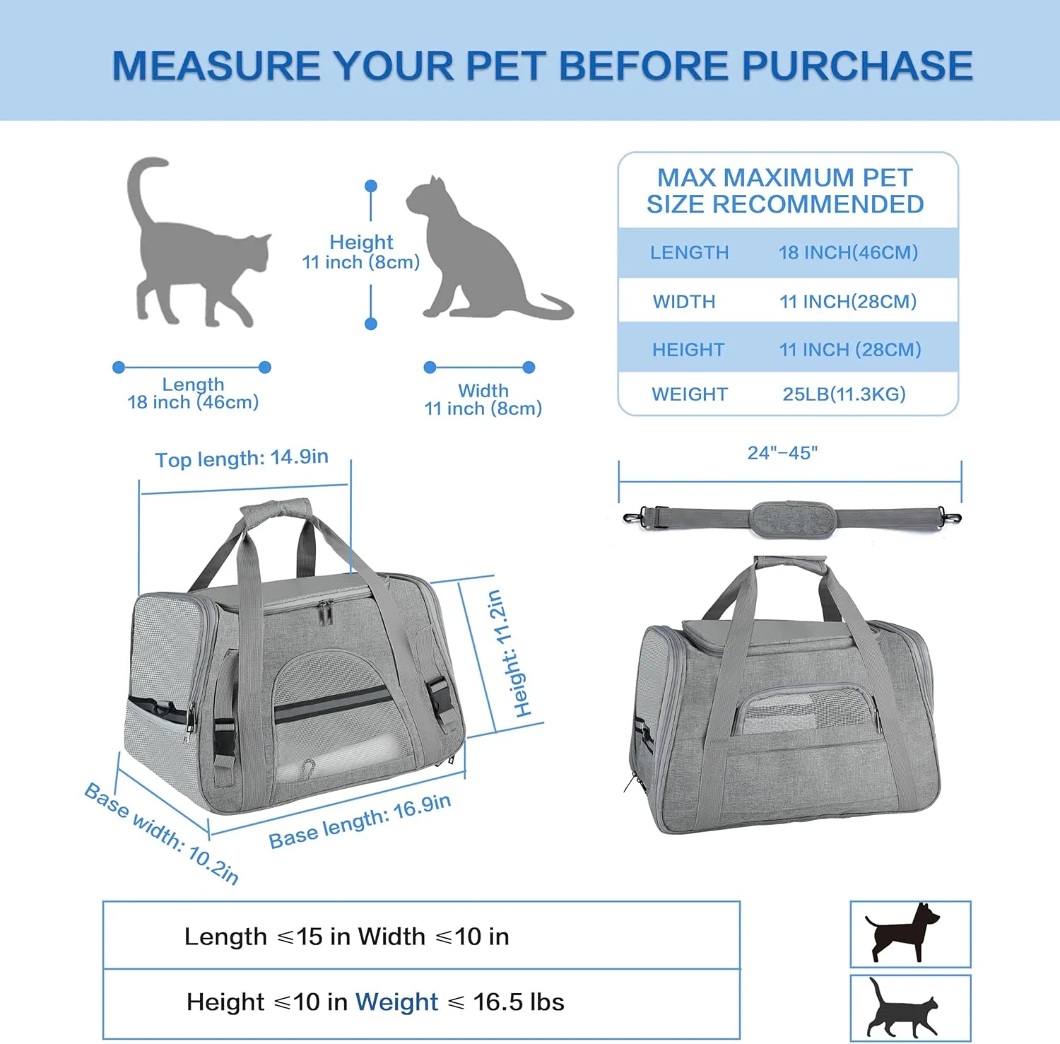 FluffyDream Pet Travel Carrier Soft Sided Portable Bag for Cats, Small Dogs, Kittens or Puppies, Collapsible, Durable, Airline Approved, Travel Friendly (Grey, 17.0" L x 10.0" W x 11.0" H) (Grey)