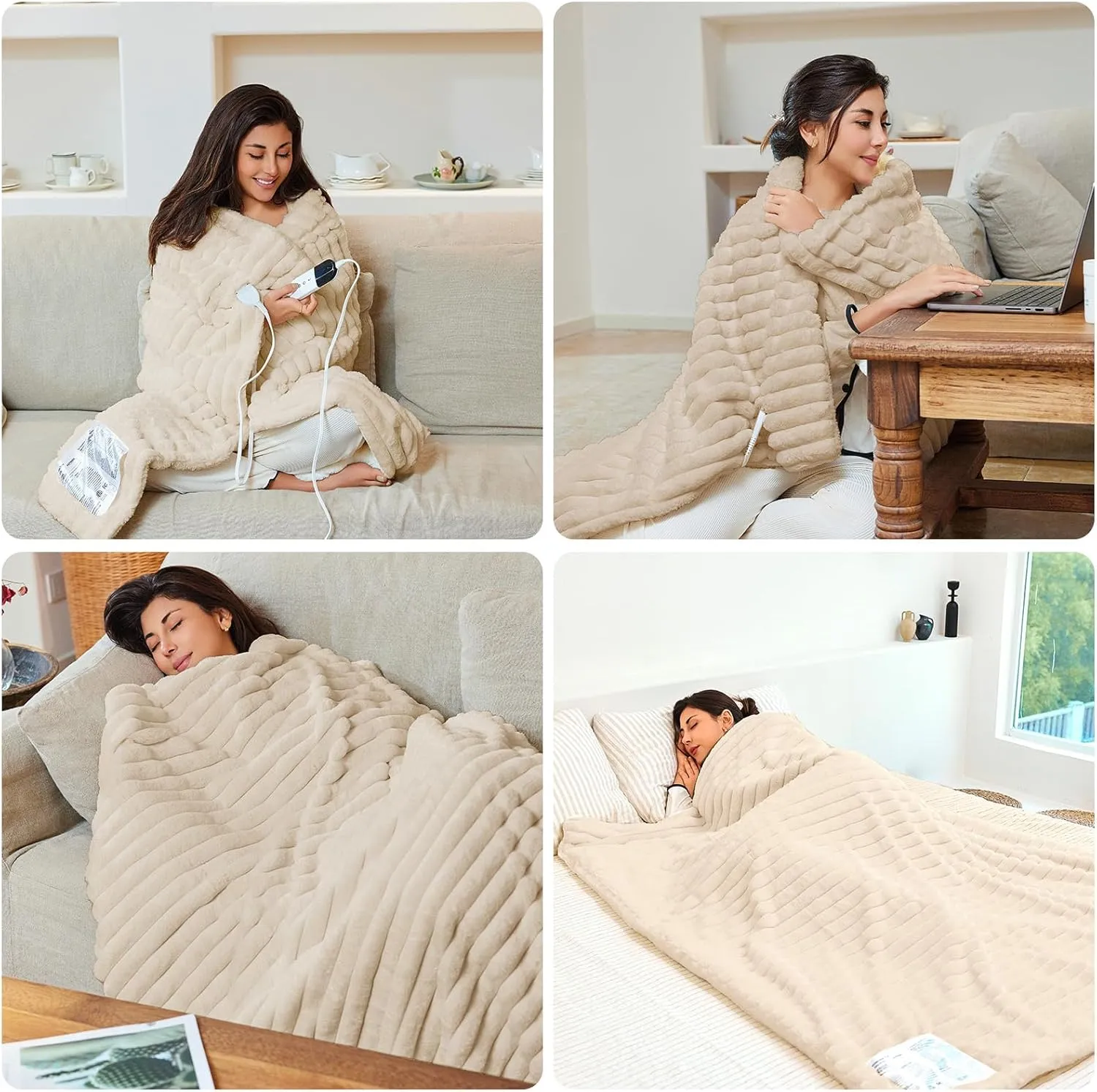 Heated Electric Blanket Throw: 6-Level Fast Heating, 4-Hour Auto-Off, Soft&Warm Stripe Faux Rabbit Fur, for Couch Home Officewith Overheating Protection & ETL Certified (50 x 60,Khaki)