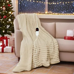 Heated Electric Blanket Throw: 6-Level Fast Heating, 4-Hour Auto-Off, Soft&Warm Stripe Faux Rabbit Fur, for Couch Home Officewith Overheating Protection & ETL Certified (50 x 60,Khaki)