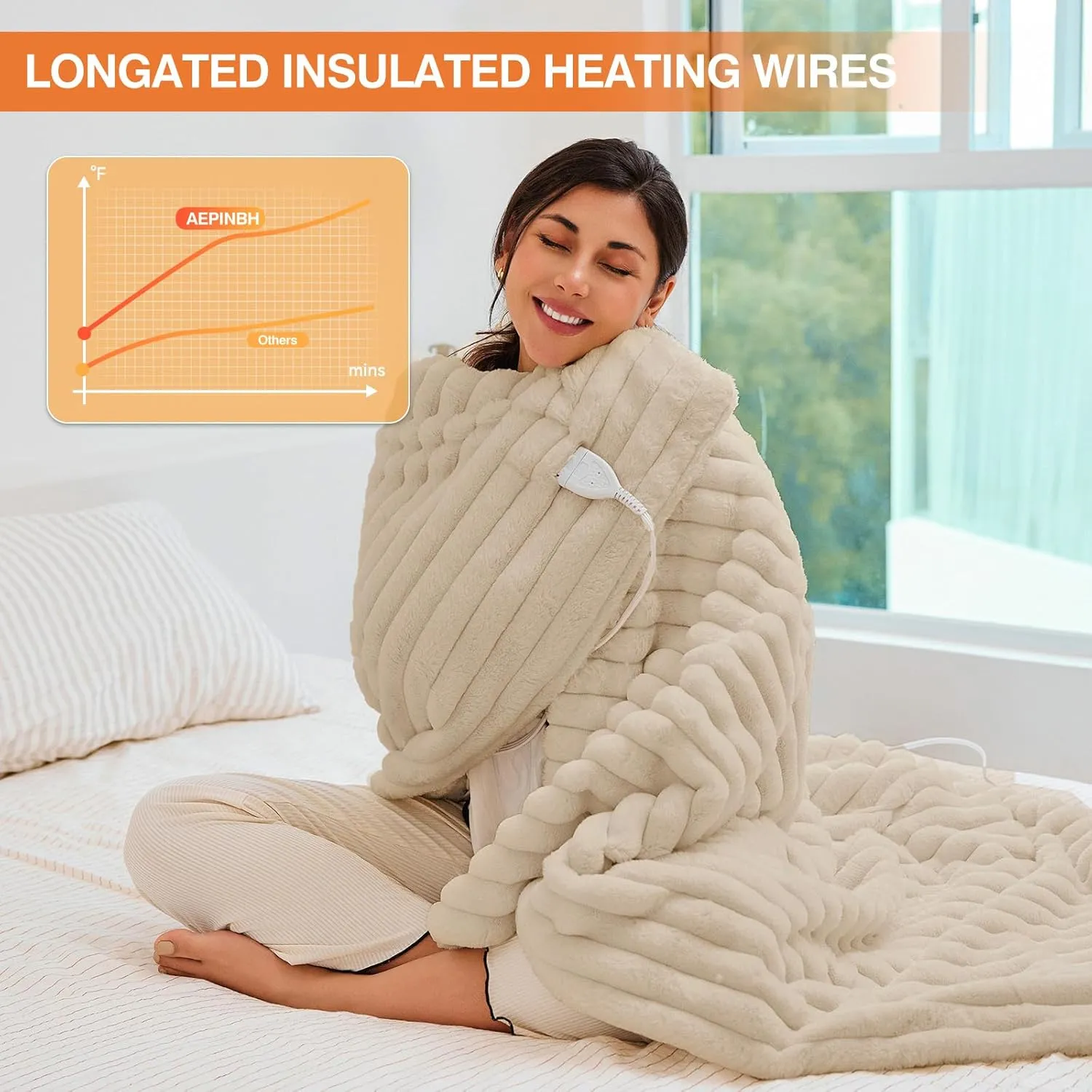 Heated Electric Blanket Throw: 6-Level Fast Heating, 4-Hour Auto-Off, Soft&Warm Stripe Faux Rabbit Fur, for Couch Home Officewith Overheating Protection & ETL Certified (50 x 60,Khaki)