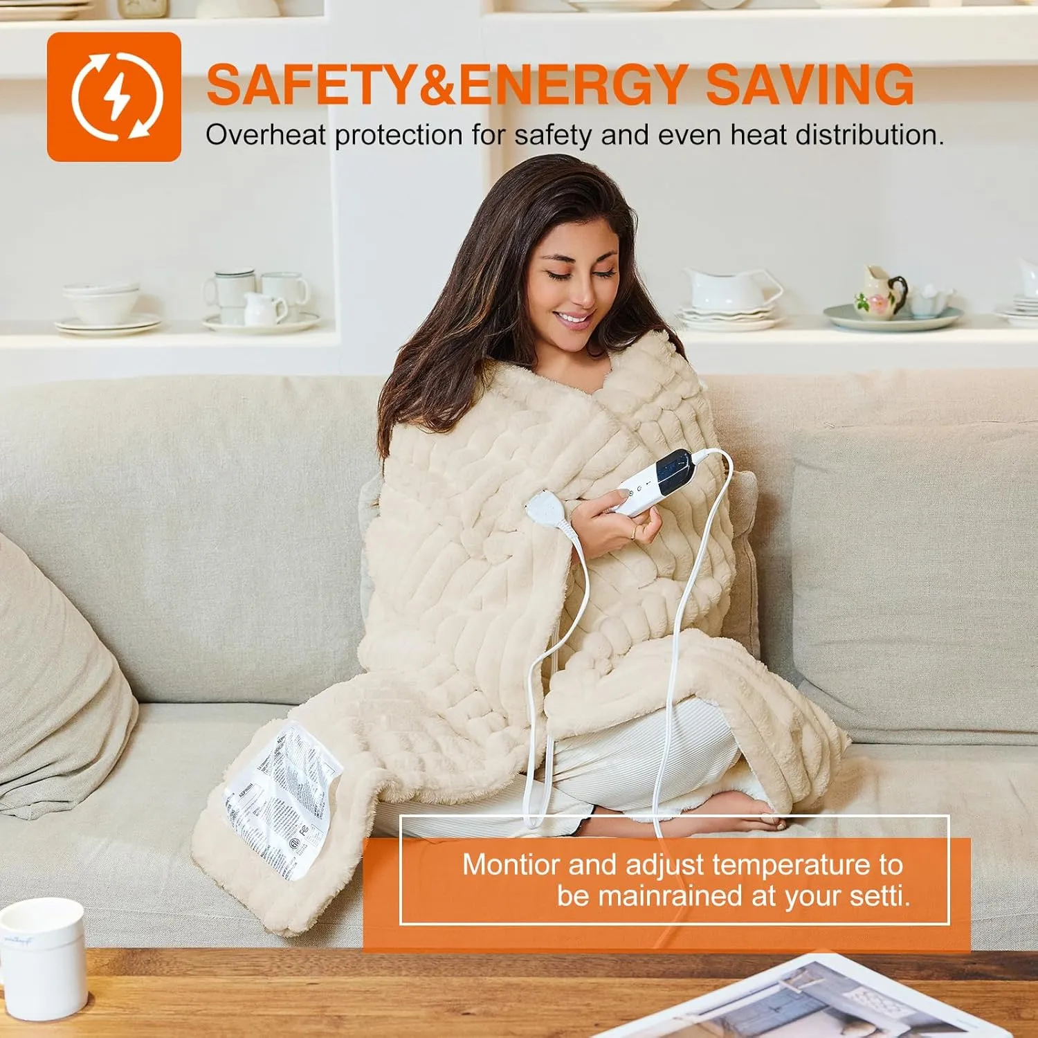 Heated Electric Blanket Throw: 6-Level Fast Heating, 4-Hour Auto-Off, Soft&Warm Stripe Faux Rabbit Fur, for Couch Home Officewith Overheating Protection & ETL Certified (50 x 60,Khaki)