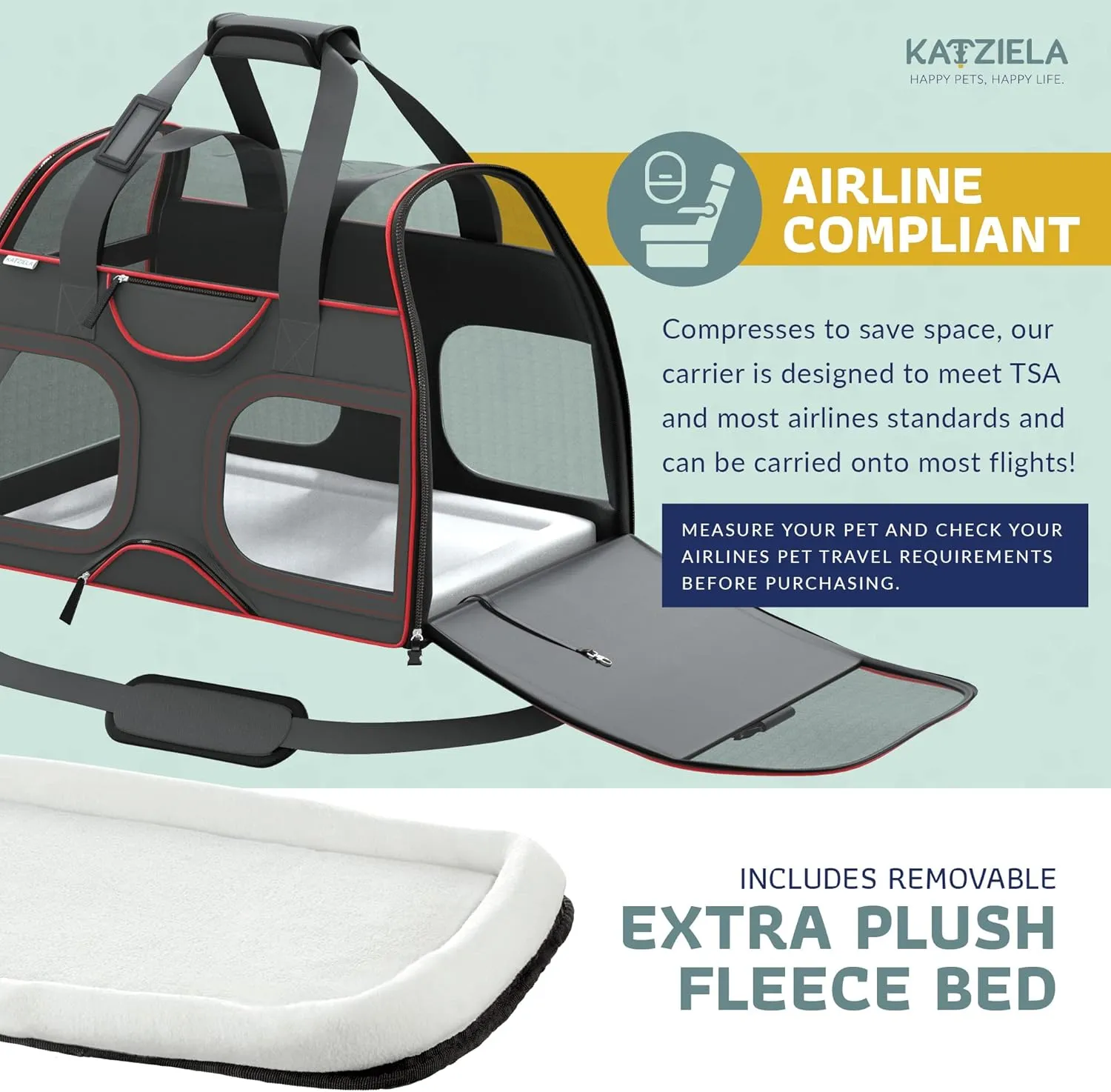 Katziela Pet Carrier - Airline Compliant - TSA Approved Pet Carrier for Small Dogs and Cats - Soft FAA Travel Airplane Dog Carrier Luggage (Black/Red)