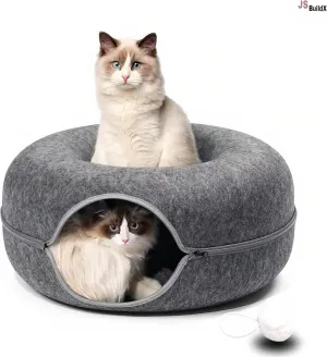 Large Cat Tunnel Bed with Washable Dark Gray Donut Cave, Scratch-Resistant, Includes Toy Ball, Suitable for Indoor Cats up to 35 lbs