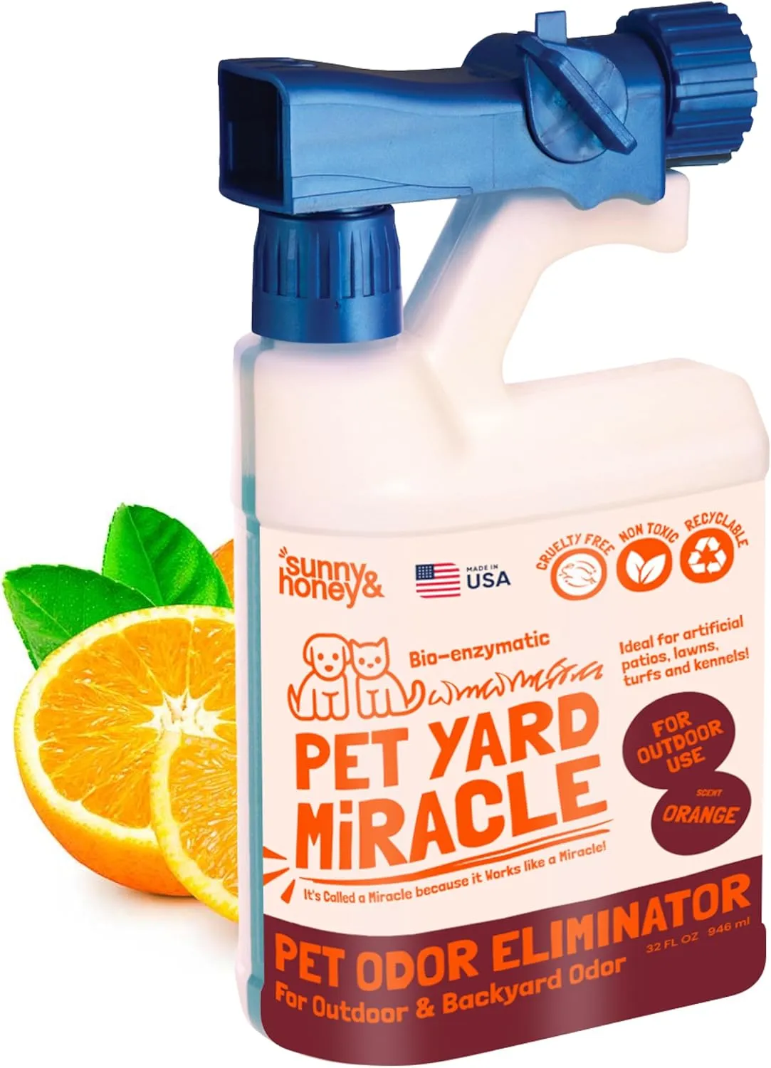 Sunny & Honey Turf Cleaner For Pet Urine Outdoor - Kid & Pet Safe - Artificial Grass Dog Urine Cleaner - Long Lasting Scent - Artificial Grass Cleaner - All Outdoor Surfaces - Orange, 32oz
