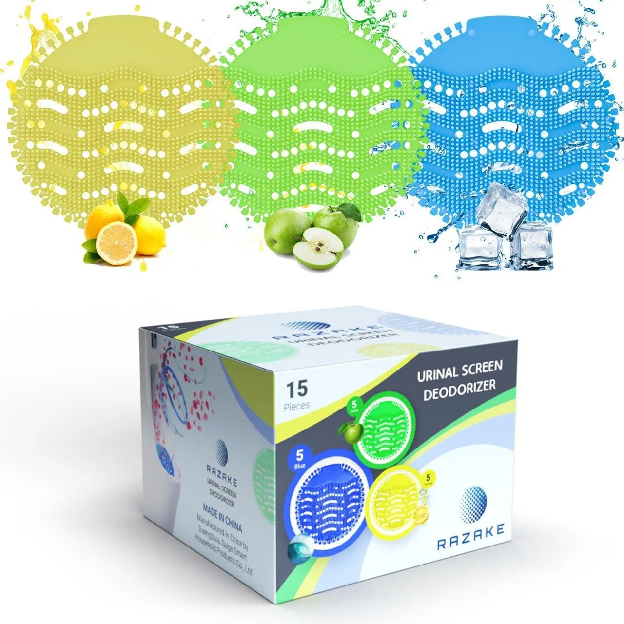 Urinal Screen Deodorizer (15 Pack), Urinal Cakes Deodorizer, Fresh 3D Wave Urine Anti-Splash, Odor Protection for Toilets and men bathrooms, 5 pcs Apple, 5 pcs Lemon 5 pcs Ocean Mist