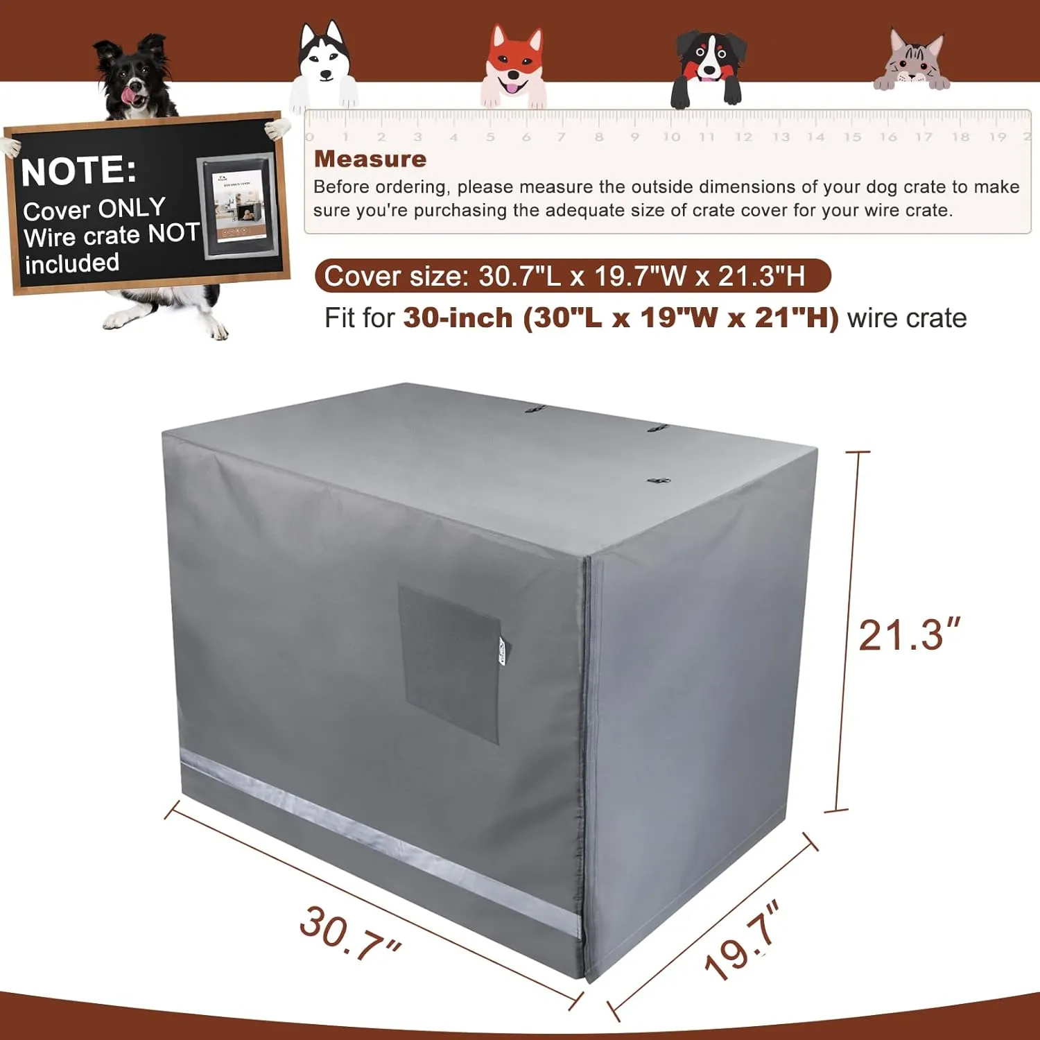 yotache 30" Double Door Dog Crate Cover - 600D Waterproof Polyester Privacy Kennel Cover with Anti-Slip Straps | Machine-Washable Pet Cage Accessories for Indoor/Outdoor (Gray, Crate Not Included)